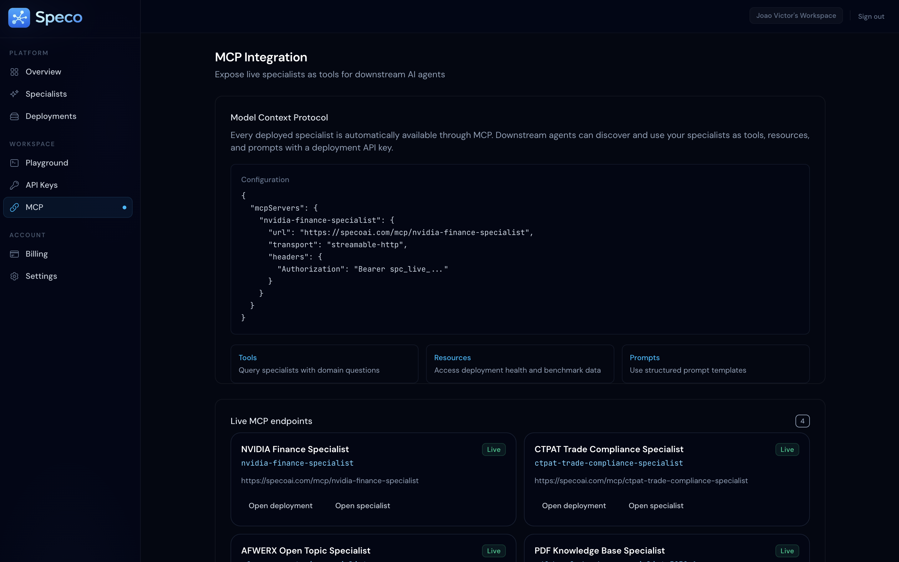 MCP integration — expose specialists as tools for downstream AI agents.
