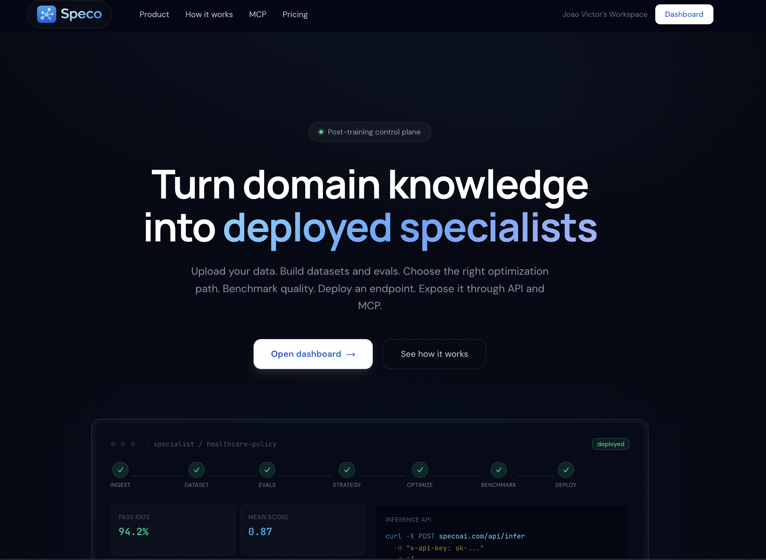 Speco hero — Turn domain knowledge into deployed specialists.